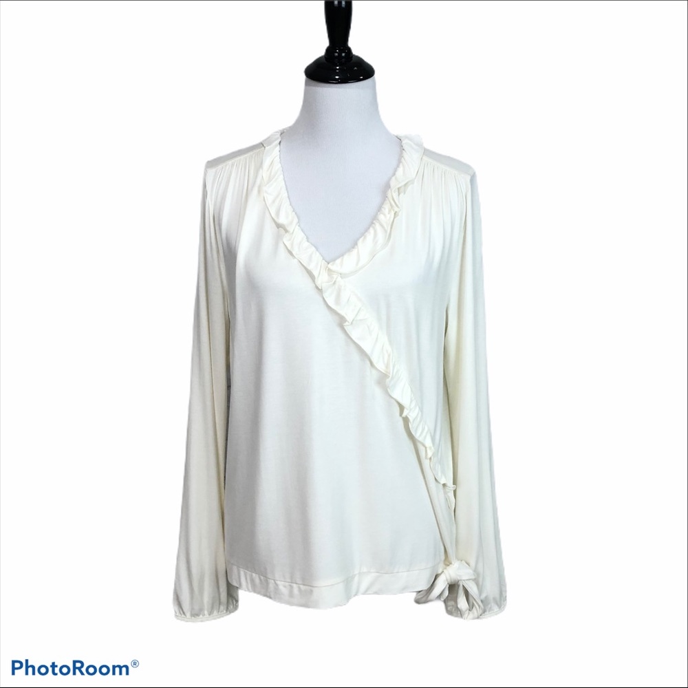 J. Crew ivory color long sleeve V neck side tie ruffled pullover top